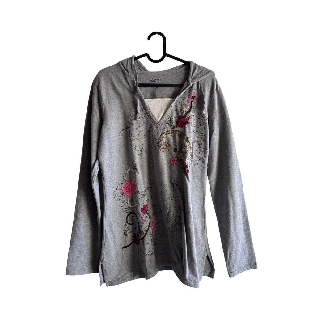 Sag Harbor Sport Gray Floral Embroidered‎ Sequin Hoodie V-Neck Long Sleeve Top